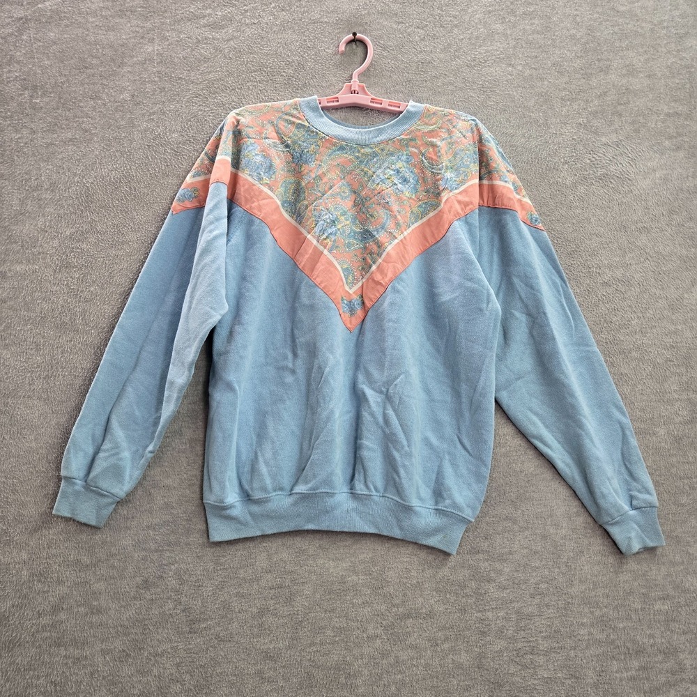 VINTAGE Hanes Women Sweatshirt XL Blue‎ Pink Floral Paisley Fleece Pullover USA